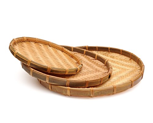 Set of 3 Vietnam Traditional Handmade Round Rattan Wicker Serving Basket Tray