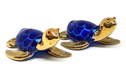 ZOOCRAFT Collectible Hand Blown Glass Figurine Turtle Coastal Beach Home Decor Marine Life Blue and Gold Trim Set of 2