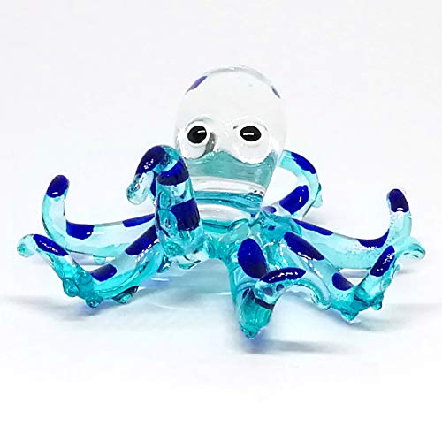 Glass Sea Octopus Figurine Blue Miniature Hand Blown Coastal Style Home Decor Gift Collectible