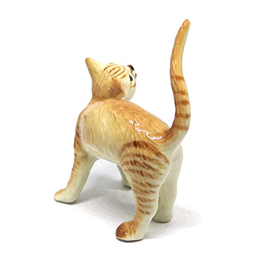 Ceramic Cat Figurine Collectible Stretching Brown Kitty Hand Painted Animal Miniature Home Decor