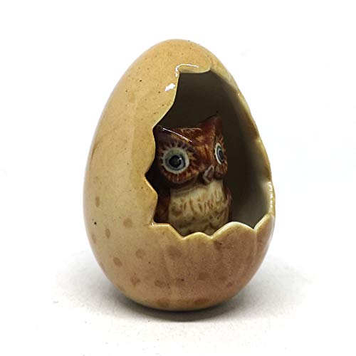 Ceramic Owl in Egg Figurine Brown Hand Painted Collectible Garden Decor Statue
