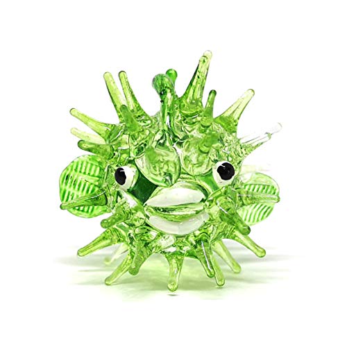 Blown Glass Figurines Green & Blue Puffer Fish Tiny Aquarium Miniature Handmade Decor