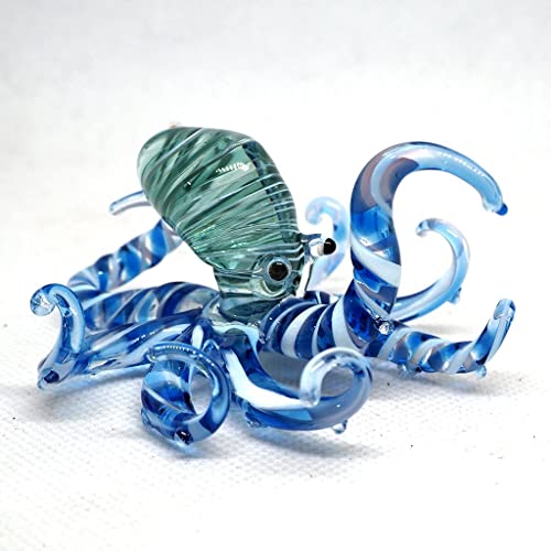 Sea Octopus Glass Figurine Ornament Decor Gift Miniature Hand Blown Blue Coastal Style Home Collectible