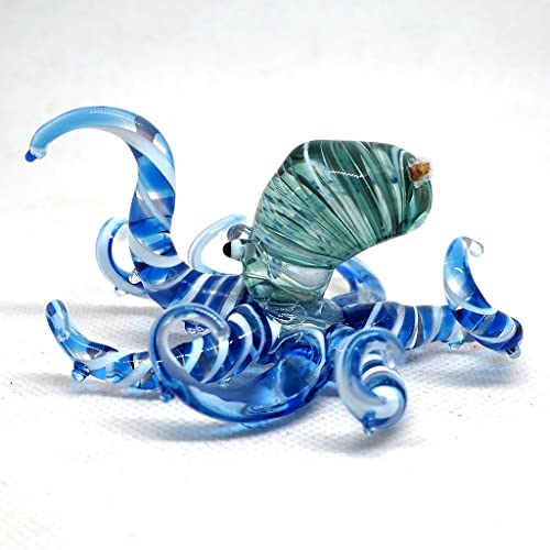 Sea Octopus Glass Figurine Ornament Decor Gift Miniature Hand Blown Blue Coastal Style Home Collectible