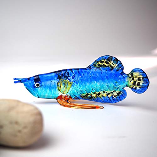 Tropical Glass Arowana Fish Figurine Blue Hand Blown Lampwork Collectible Miniature Aquarium Decor