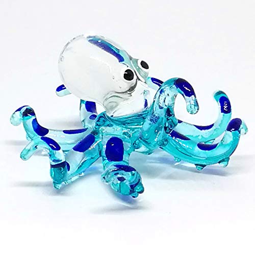 Glass Sea Octopus Figurine Blue Miniature Hand Blown Coastal Style Home Decor Gift Collectible