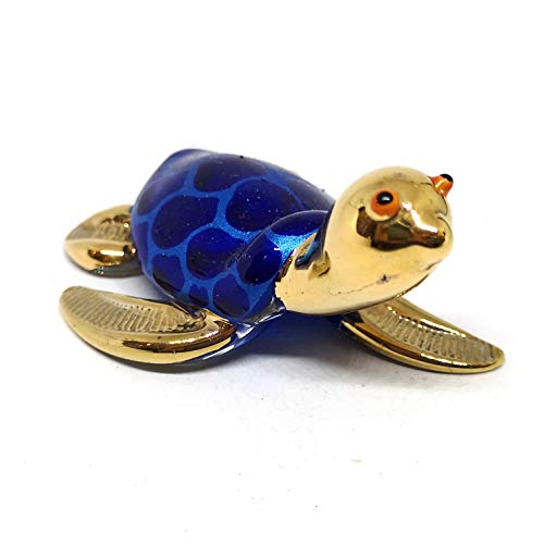 ZOOCRAFT Collectible Hand Blown Glass Figurine Turtle Coastal Beach Home Decor Marine Life Blue and Gold Trim Set of 2