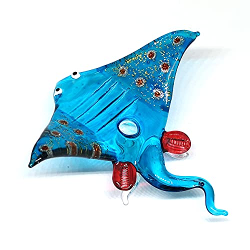 Glass Stingray Figurine Blue Hand Blown Art Sealife Ornament Collectible Miniature Aquarium Coastal Decor, 3.0 x 3.1 x 1.3 inches