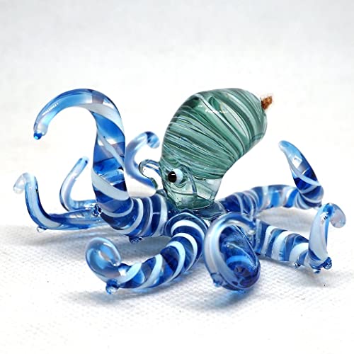 Sea Octopus Glass Figurine Ornament Decor Gift Miniature Hand Blown Blue Coastal Style Home Collectible