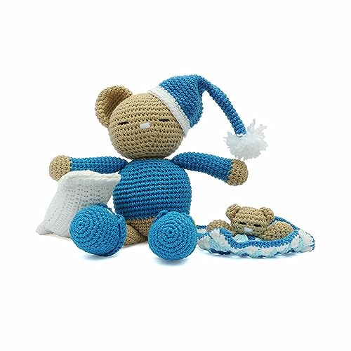 Bear in Blue Nightshirt With Blanket Handmade Amigurumi Stuffed Knit Crochet VAC