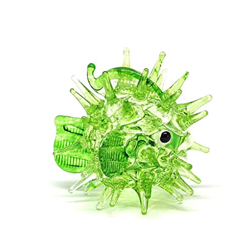 ZOOCRAFT Blown Glass Figurines Green Puffer Fish Tiny Aquarium Miniature Handmade Decor