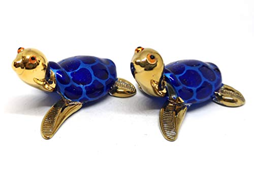 ZOOCRAFT Collectible Hand Blown Glass Figurine Turtle Coastal Beach Home Decor Marine Life Blue and Gold Trim Set of 2