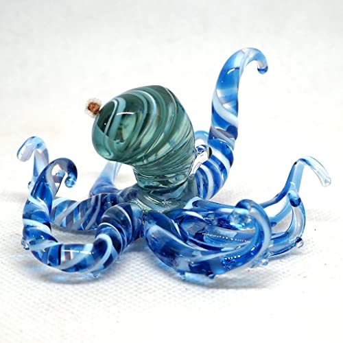 Sea Octopus Glass Figurine Ornament Decor Gift Miniature Hand Blown Blue Coastal Style Home Collectible