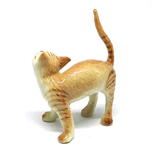 Ceramic Cat Figurine Collectible Stretching Brown Kitty Hand Painted Animal Miniature Home Decor