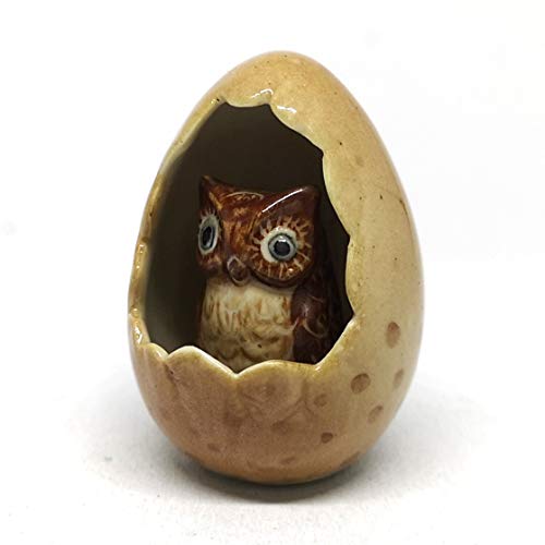 Ceramic Owl in Egg Figurine Brown Hand Painted Collectible Garden Decor Statue