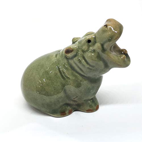 Ceramic Hippo Figurine Sitting Hand Painted Porcelain Terrarium Garden Decor Collectibles