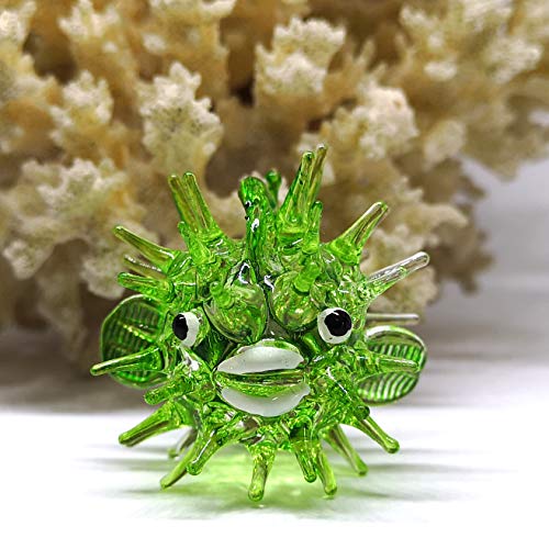 Blown Glass Figurines Green & Blue Puffer Fish Tiny Aquarium Miniature Handmade Decor