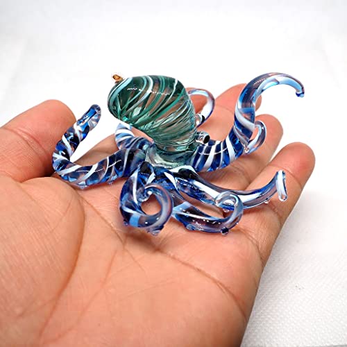 Sea Octopus Glass Figurine Ornament Decor Gift Miniature Hand Blown Blue Coastal Style Home Collectible