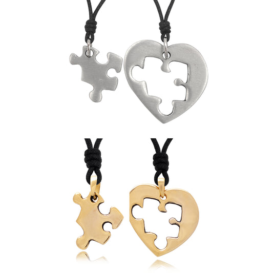 Bestfiend Puzzle Heart Silver Pewter Gold Brass Charm Necklace Pendant Jewelry