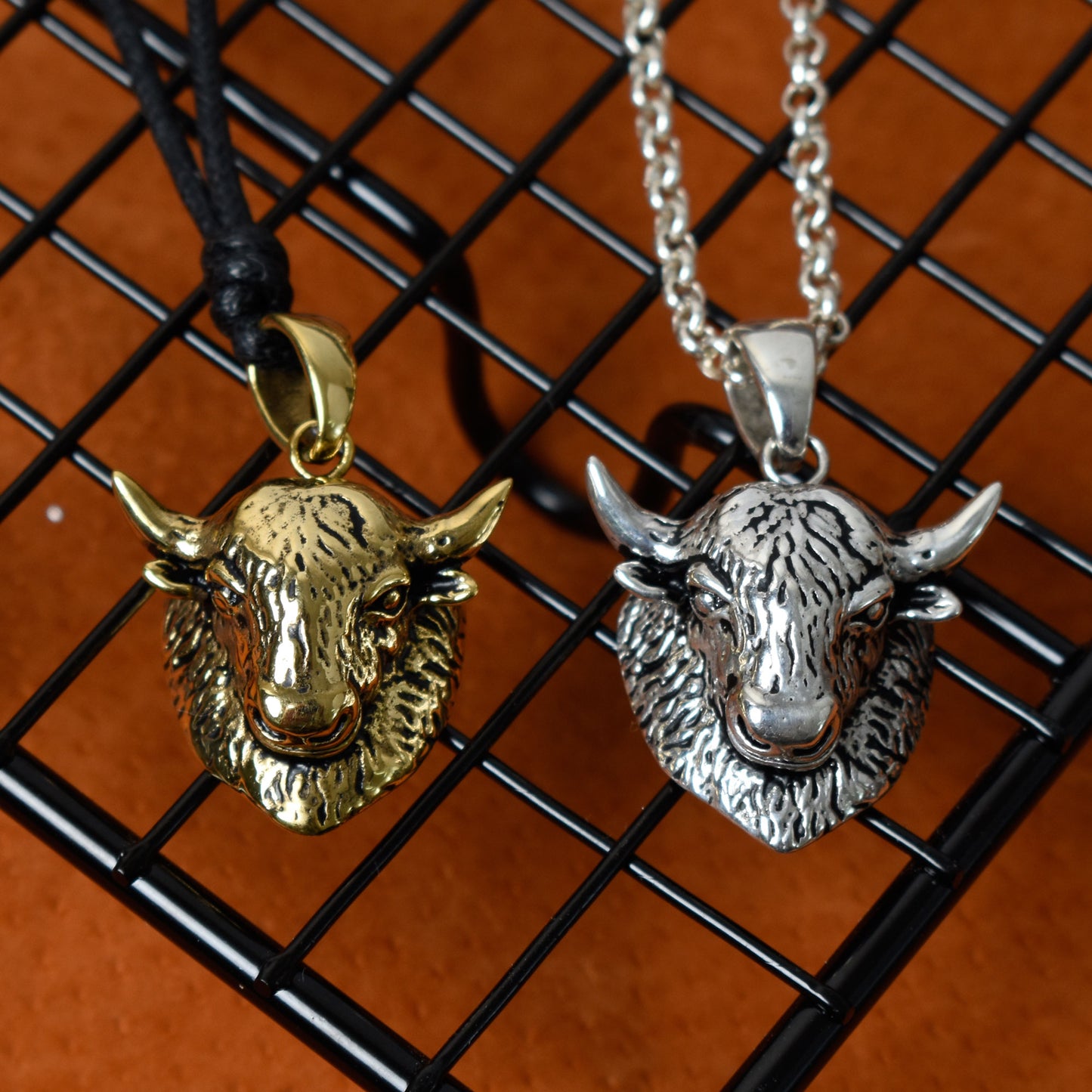 Bison Head 92.5 Sterling Silver Gold Brass Pendant Necklace Jewelry