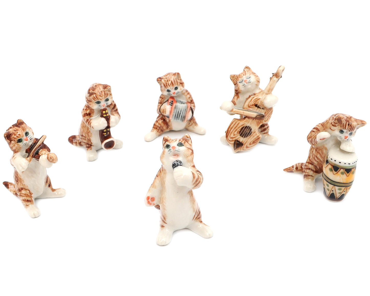 Brown Cat Music Band Handmade Ceramic Figurine Miniature Decor/Animal Collection
