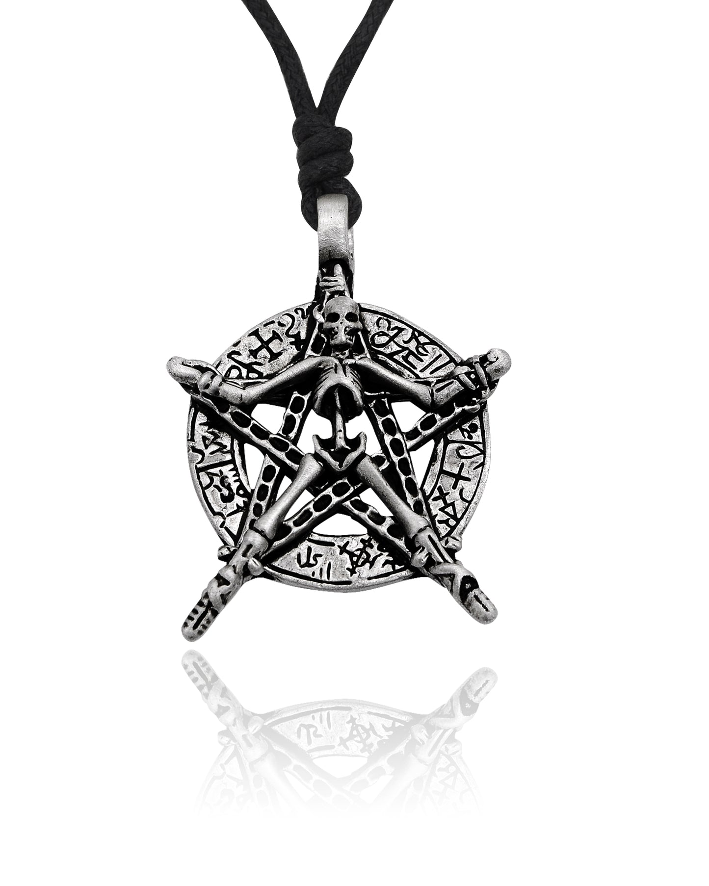 Skeleton Pentagram Gothic Silver Pewter Charm Necklace Pendant Jewelry With Cotton Cord