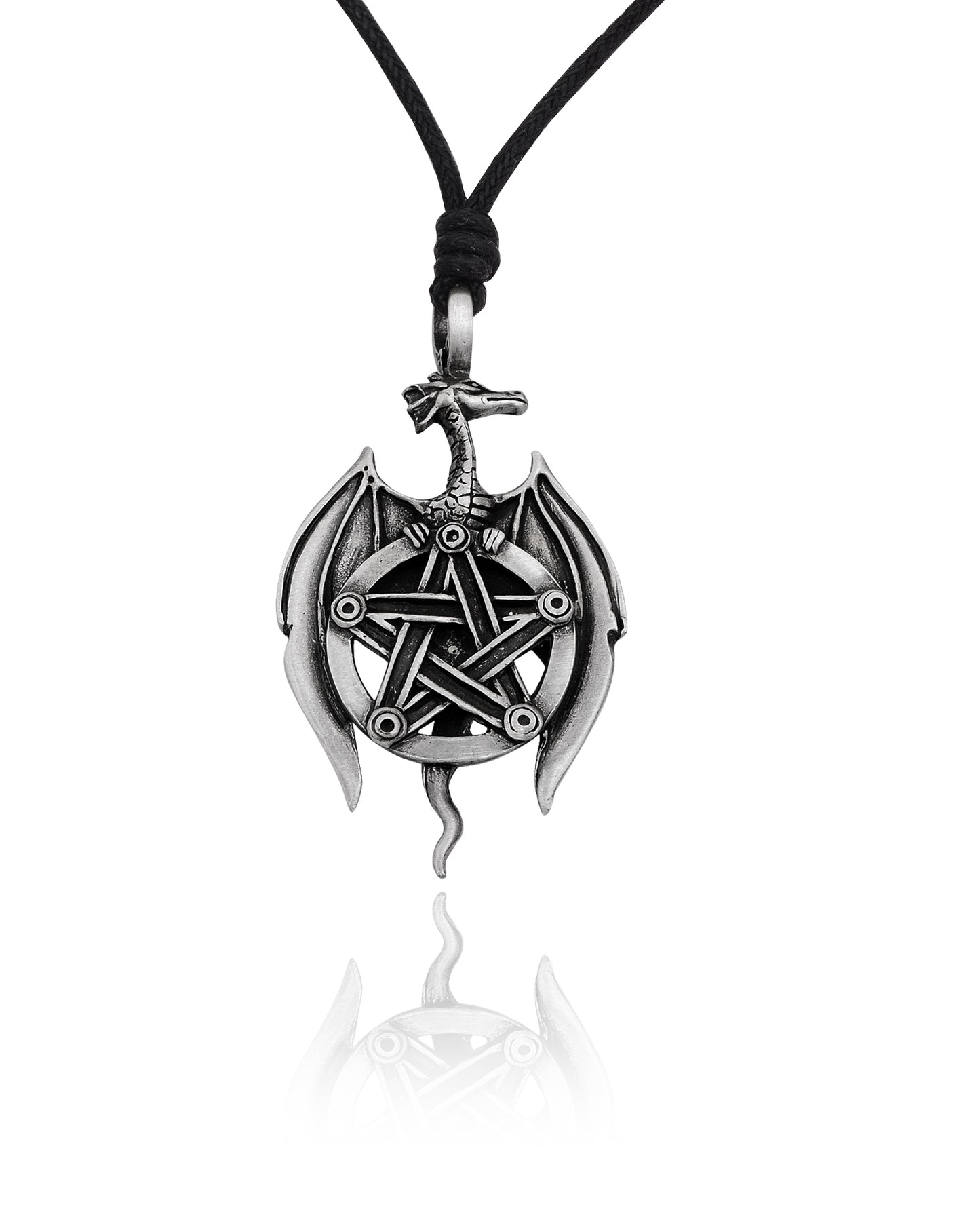 Dragon Pentagram Silver Pewter Charm Necklace Pendant Jewelry With Cotton Cord
