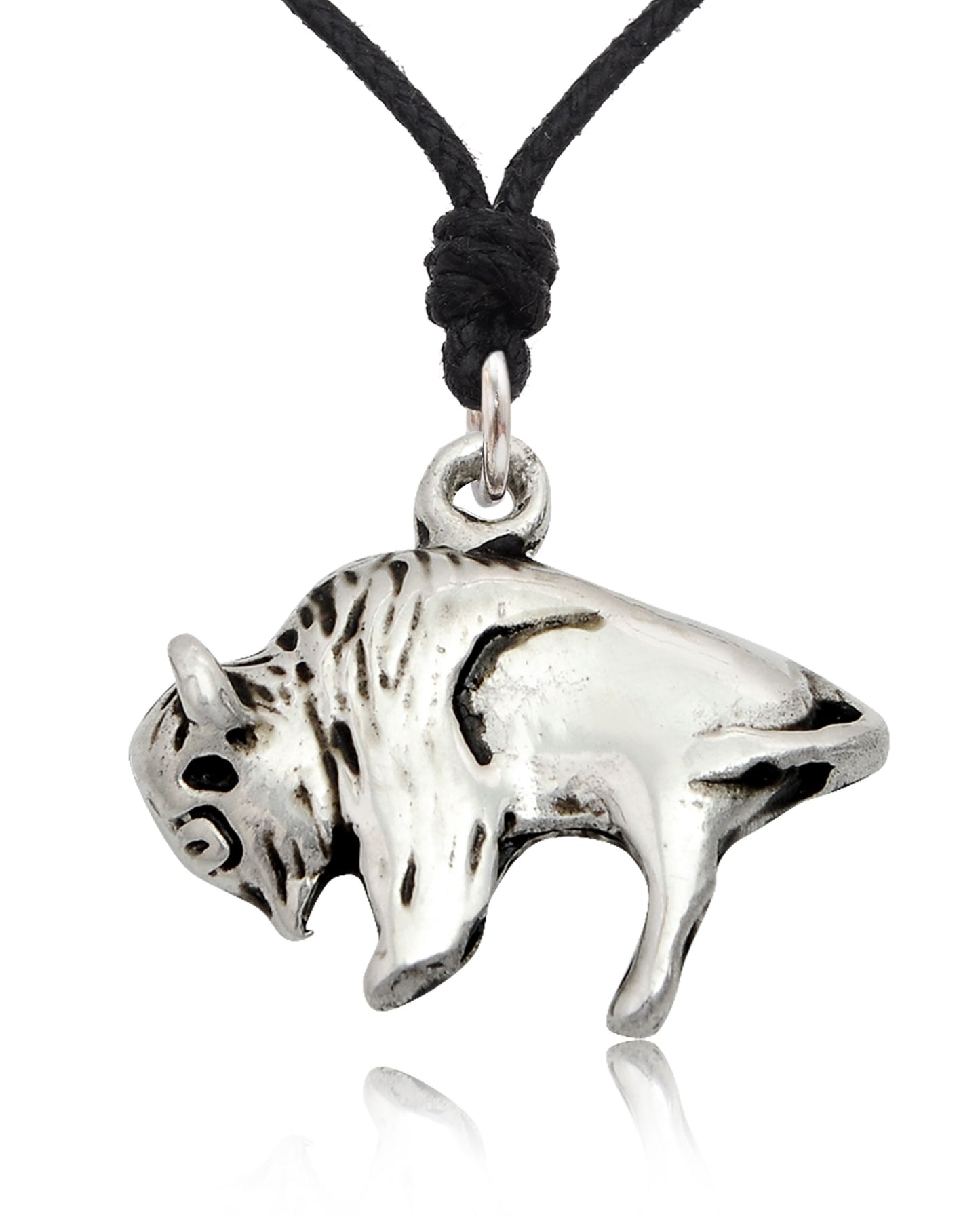 Bison Buffalo Silver Pewter Charm Necklace Pendant Jewelry With Cotton Cord