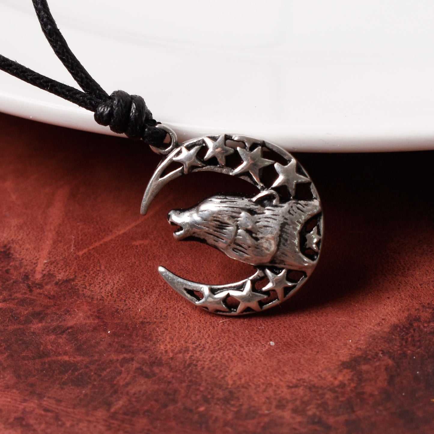 Moon and Wolf 92.5 Sterling Silver Pewter Necklace Pendant Jewelry