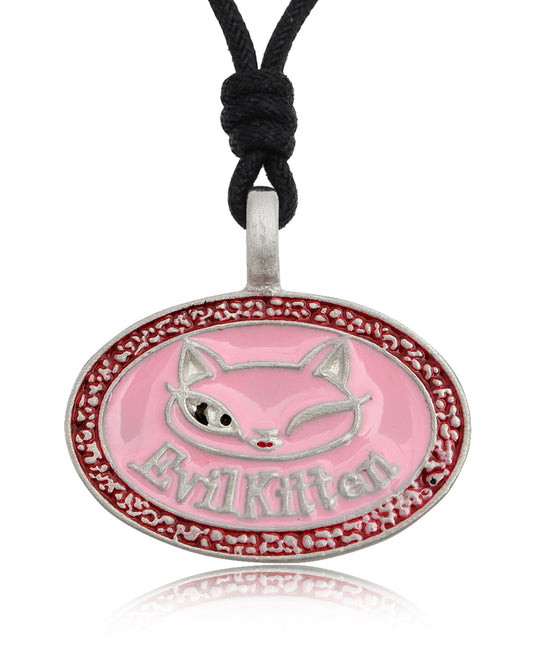 New Evil Kitten Pink Cat Silver Pewter Charm Necklace Pendant Jewelry