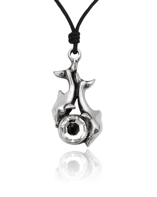New Dolphin Couple Crystal Silver Pewter Charm Necklace Pendant Jewelry