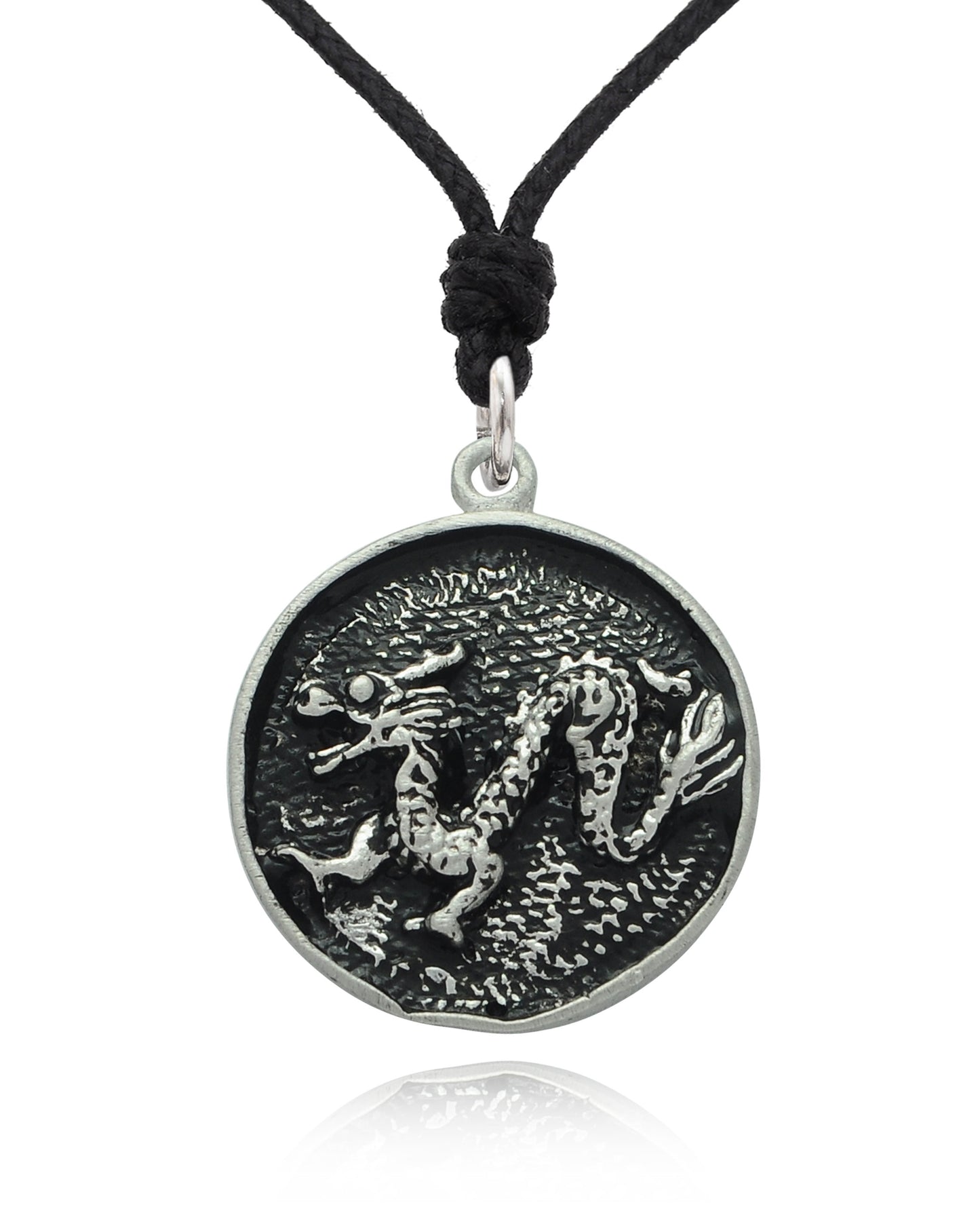 Stylish Year of the Dragon Silver Pewter Charm Necklace Pendant Jewelry With Cotton Cord