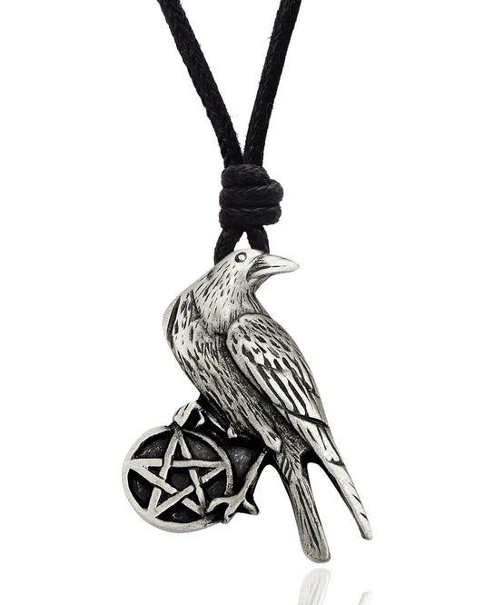 Raven and Pentagram Handmade Silver Pewter Brass Pewter Necklace Pendant Jewelry