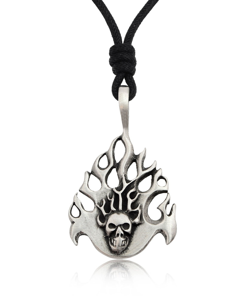 Fire Skull Head Handmade Silver Pewter Brass Necklace Pendant Jewelry