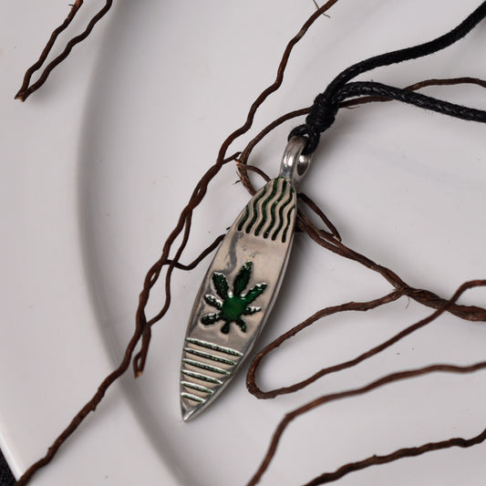 Marijuana Leaf Surfboard Silver Pewter Charm Necklace Pendant Jewelry