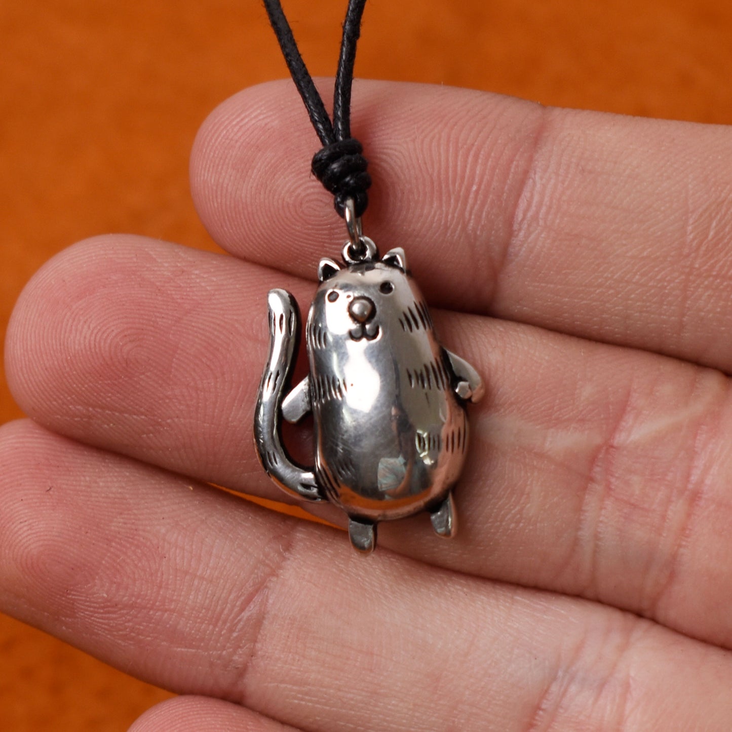 Smiling Chubby Cat Size M & S Silver Pewter Gold Brass Necklace Pendant Jewelry