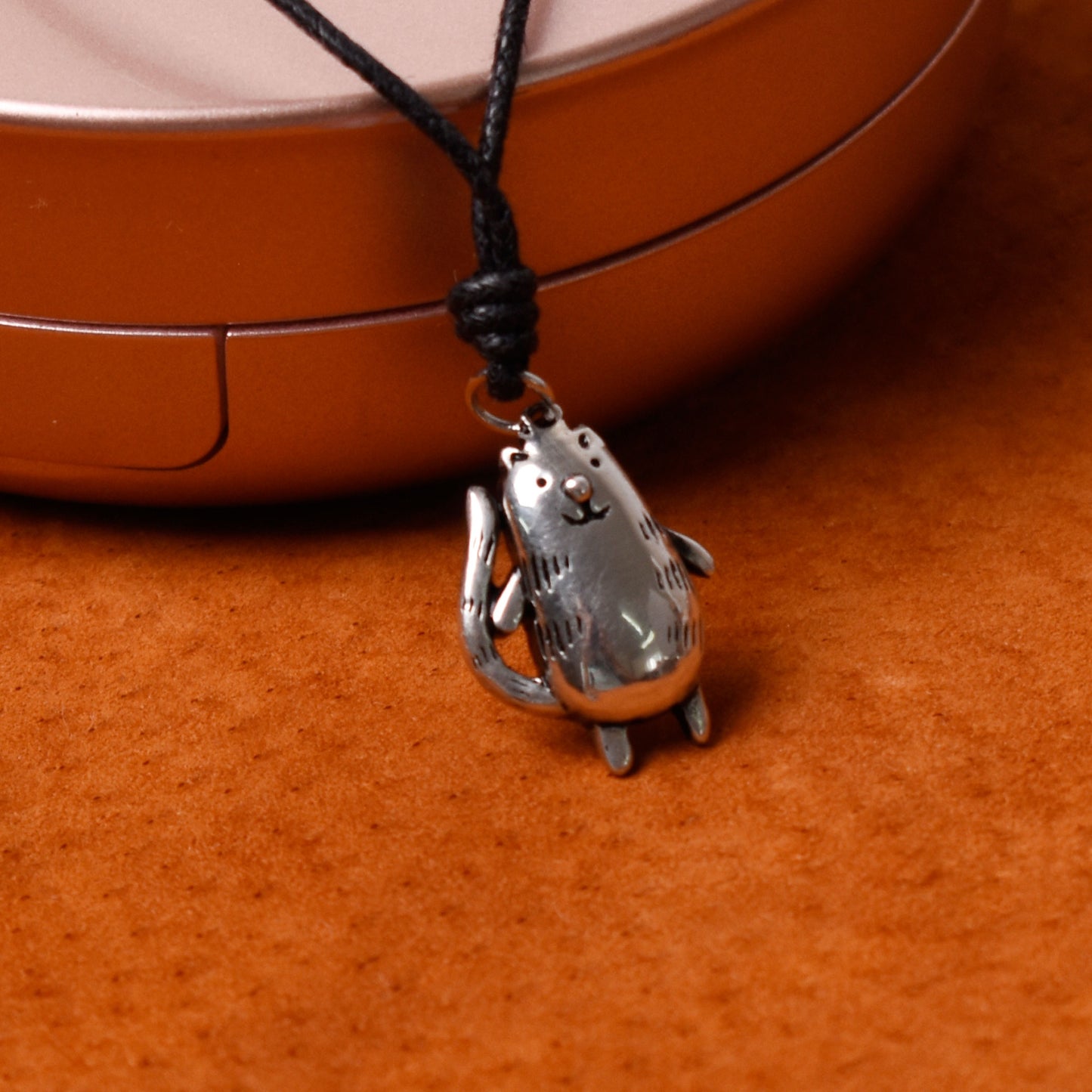 Smiling Chubby Cat Size M & S Silver Pewter Gold Brass Necklace Pendant Jewelry