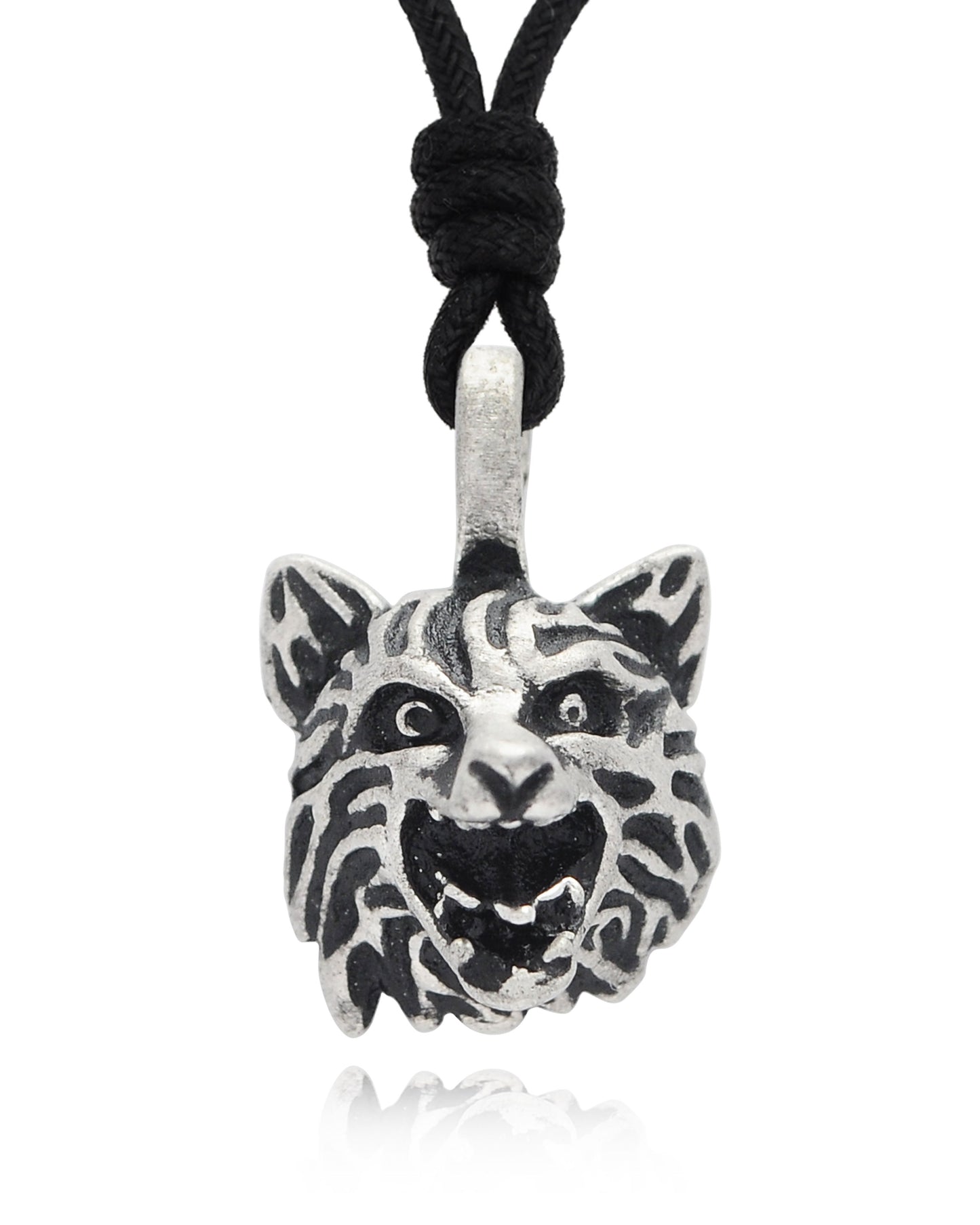 Wolf Head Dog Silver Pewter Charm Necklace Pendant Jewelry With Cotton Cord