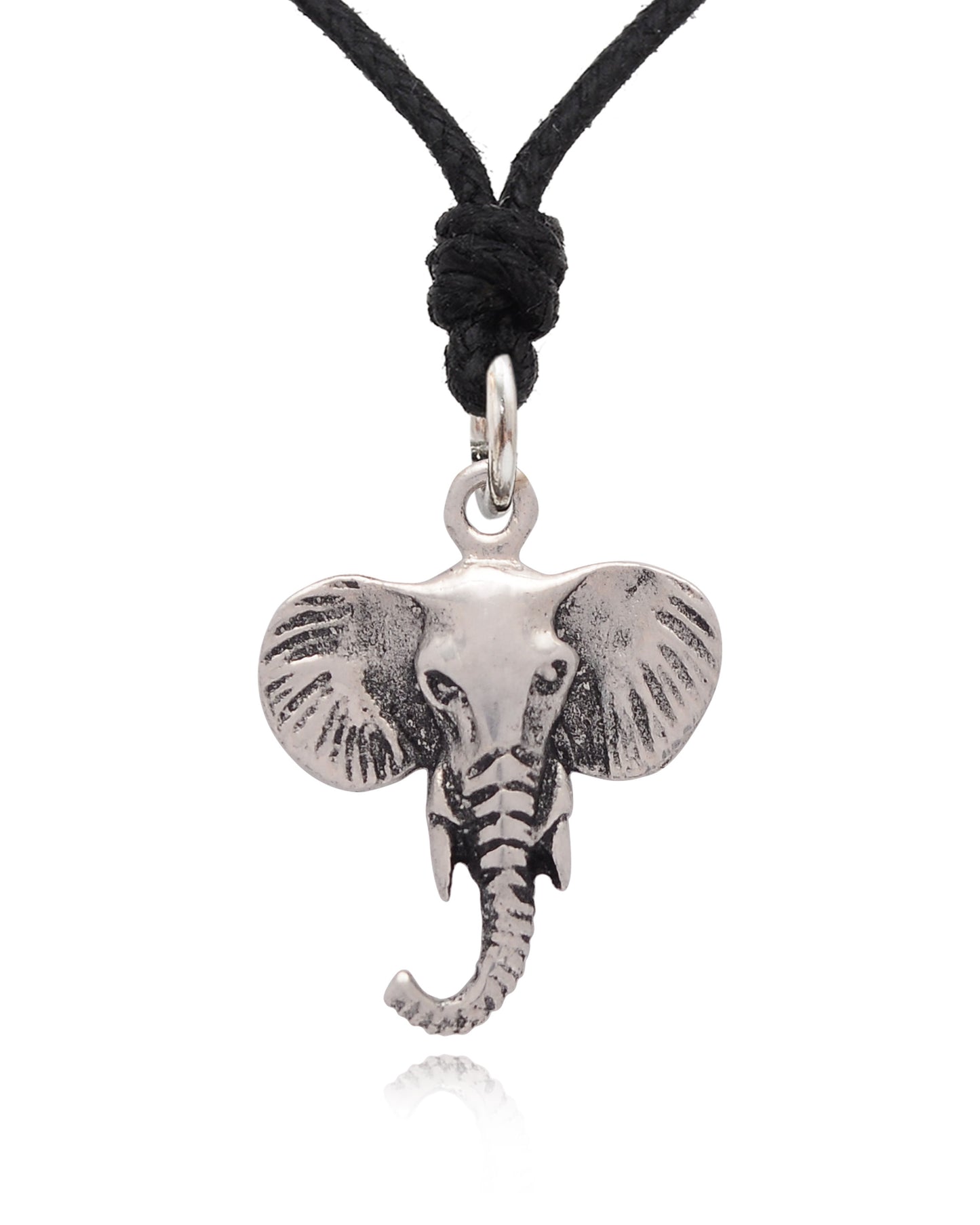 Elephant Face Silver Pewter Charm Necklace Pendant Jewelry With Cotton Cord