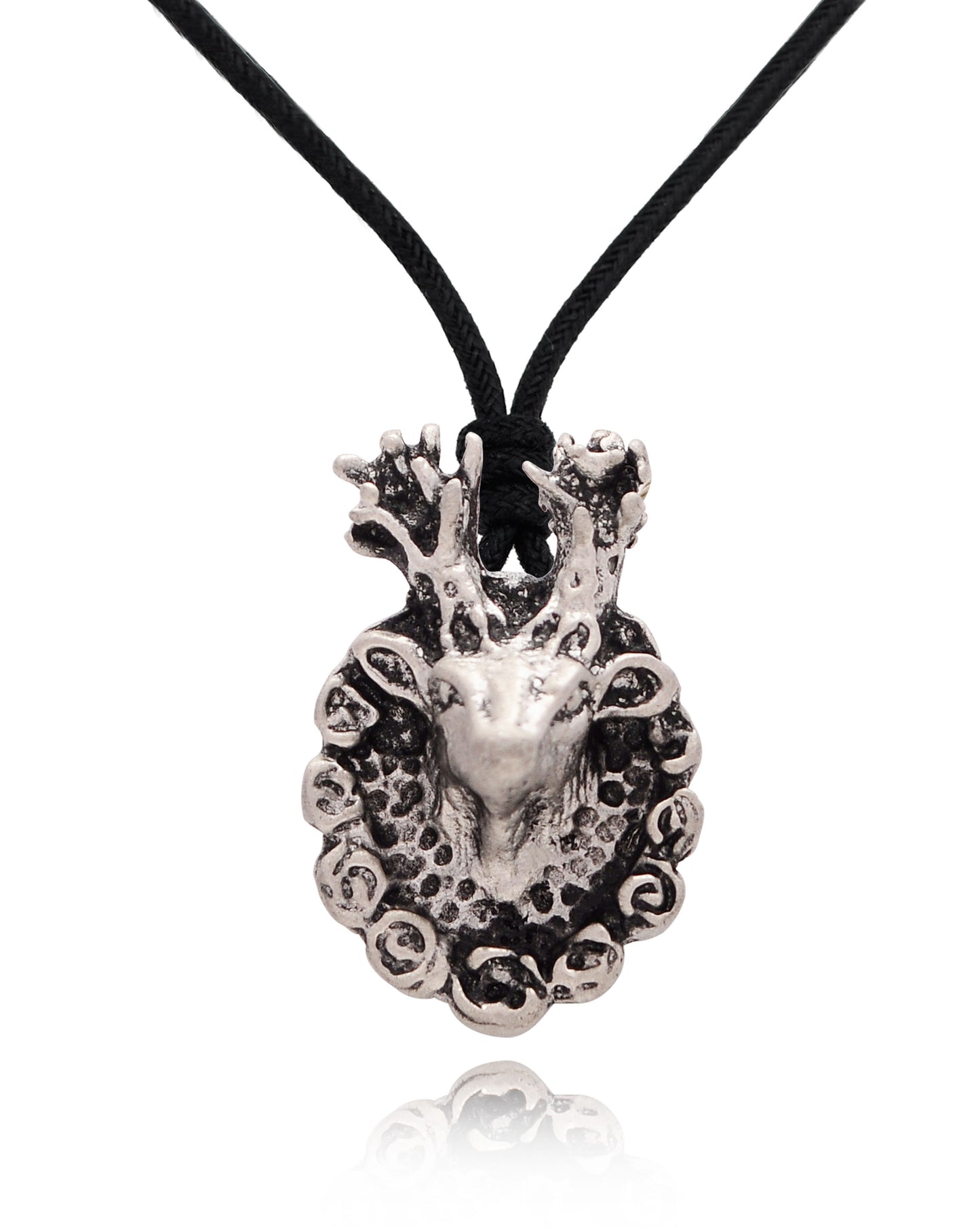 Deer With Round Rose Frame Silver Pewter Charm Necklace Pendant Jewelry With Cotton Cord