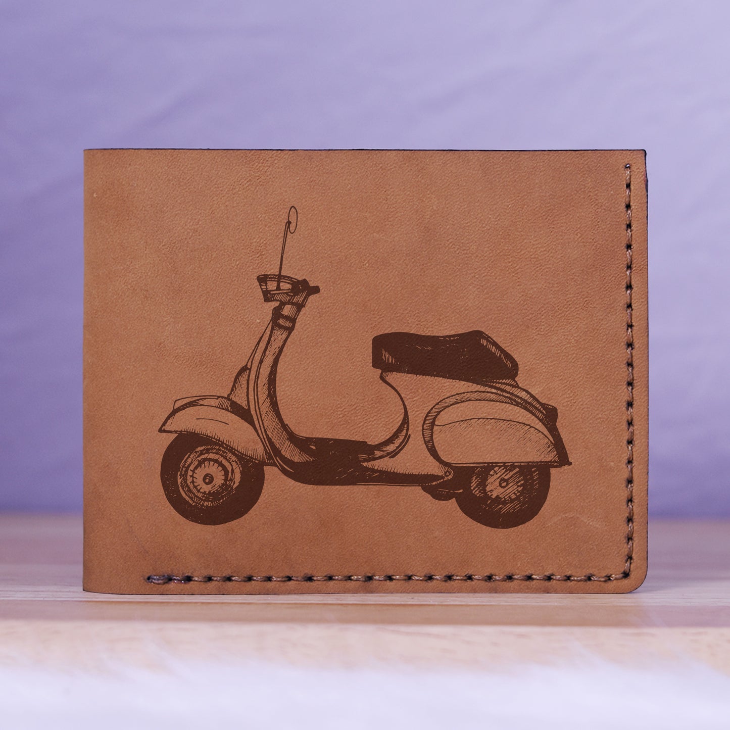 Men's Hand Drawn Retro Scooter Genuine Leather Blocking Bifold Wallet MHLT_01_BRN