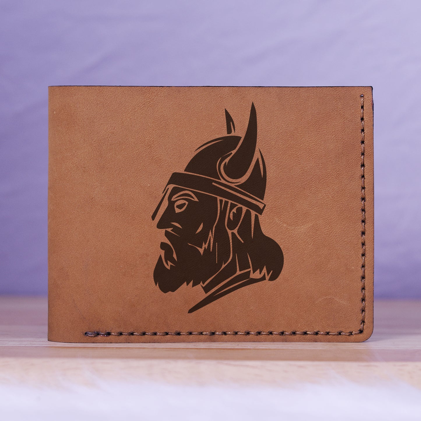 Men's Viking Head Natural Genuine Leather Blocking Bifold Wallet MHLT_01_BRN