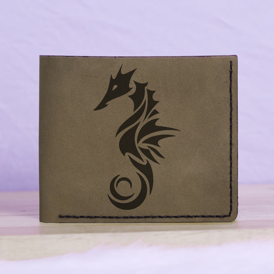 Men's Seahorse Abstract Natural Genuine Leather Blocking Bifold Wallet MHLT_01_GRN