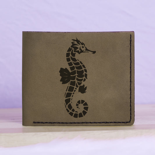 Men's Seahorse Abstract Natural Genuine Leather Blocking Bifold Wallet MHLT_01_GRN