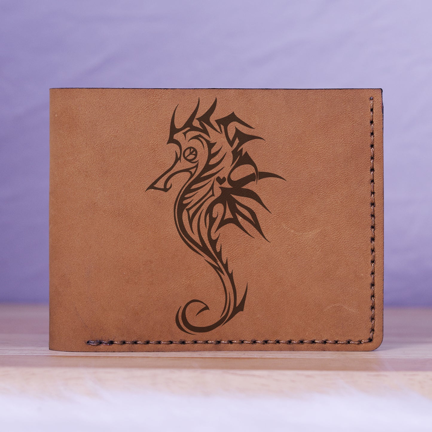 Men's Seahorse Abstract Natural Genuine Leather Blocking Bifold Wallet MHLT_01_BRN