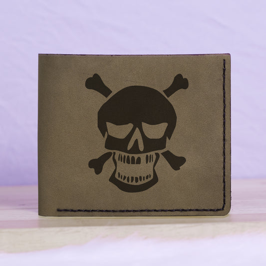 Men's Rock Style Skull Genuine Leather Blocking Bifold Wallet MHLT_01_GRN