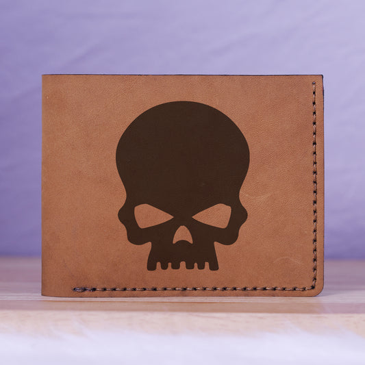 Men's Rock Style Skull Genuine Leather Blocking Bifold Wallet MHLT_01_BRN