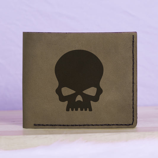Men's Rock Style Skull Genuine Leather Blocking Bifold Wallet MHLT_01_GRN
