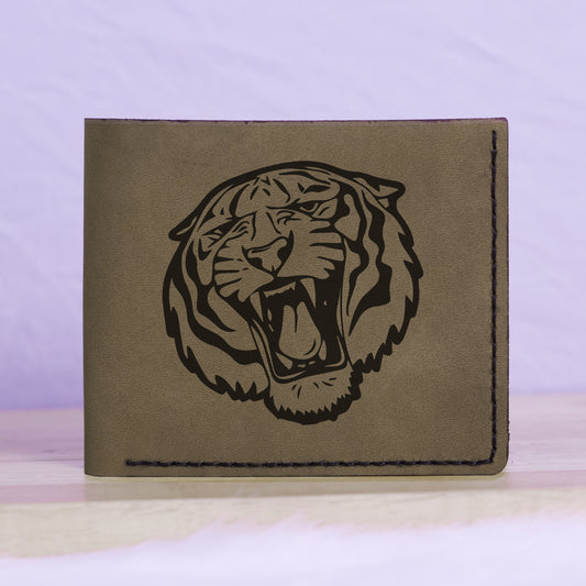 Men's Tribal Tiger Abstract Genuine Leather Blocking Bifold Wallet MHLT_01_GRN