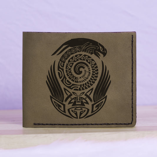 Native American Skull & Symbol Genuine Leather Blocking Bifold Wallet MHLT_01_GRN